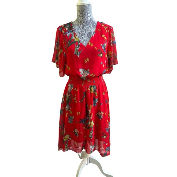 CECE Floral Tiered Babydoll Midi Dress M Fiery Red Sheer Romantic Fairy Smocked - Picture 1 of 4